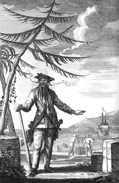 Illustration of the notorious English pirate Blacbeard, who operated around the West Indies and along the eastern coast of Britain’s North American colonies.
