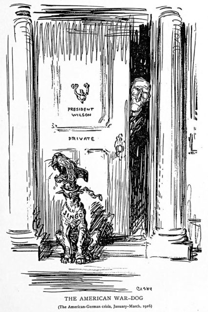 A political cartoon by Oscar Cesare, which criticizes and mocks jingoism which is an extreme form of patriotism and foreign policy. President Woodrow Wilson is behind the door, guarded by a dog named “Jingo”.