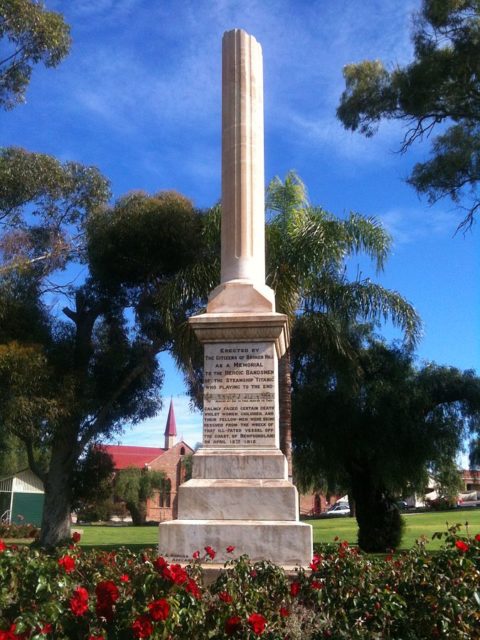 Monument in Broken Hill, NSW, Australia, to the memory of the bandsmen who went down with RMS Titanic. Erected 1913.