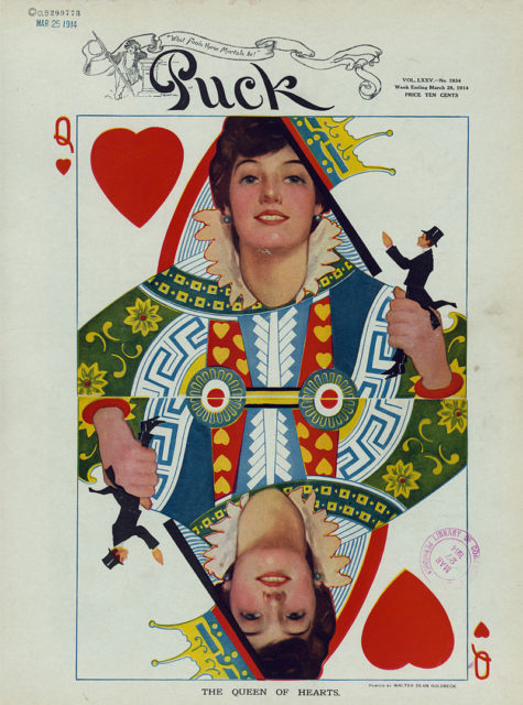 Evelyn Nesbit represents “The Queen of Hearts” on a playing card.