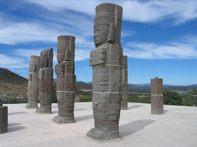 View of the Atlanteans, Pilasters and Serpentine Columns at the top of Pyramid B. Photo credit