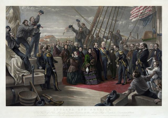 Queen Victoria visits HMS Resolute, December 16, 1856, the day before the ship was granted to her as a good will gesture.