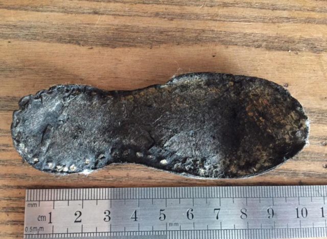 Child’s shoe sole, c.15th-17th century, found on the Thames foreshore Author: Lara Maiklem.