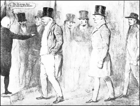 William Cobbett (left foreground), John Gully (middle), and Joseph Pease (right) (the first Quaker elected to Parliament) arriving at Westminster, in March 1833. Sketch by John Doyle.