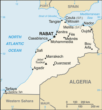 A map of Morocco, showing the location of Marrakesh.