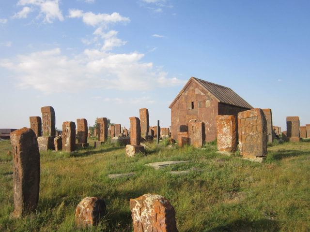 The motifs on the stones are characteristic of medieval Christian Armenian art. Author: Soghomon Matevosyan -CC by 3.0