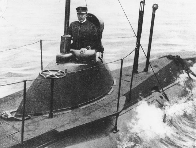 USS Plunger, one of the first submarines commissioned by the US Navy, launched in 1902.