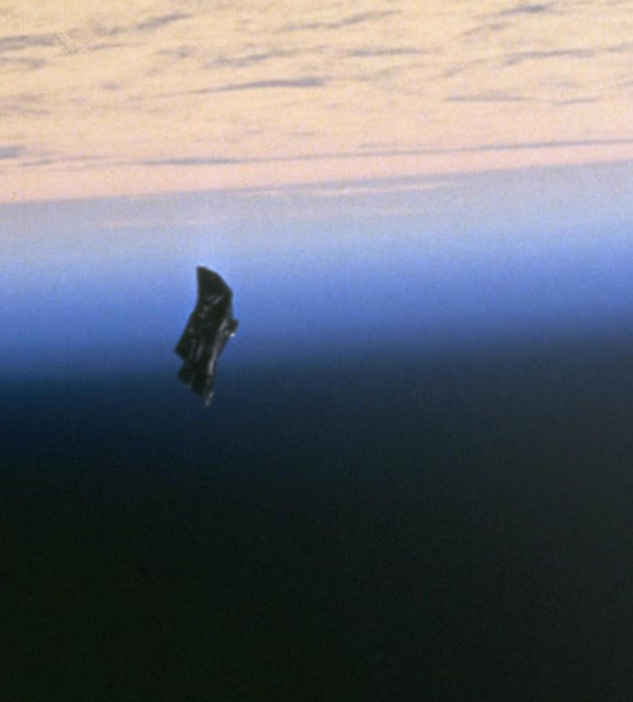 A 1998 NASA photo of space debris, an object that according to some conspiracy theorists is believed to be an extraterrestrial satellite, i.e. the “Black Knight”