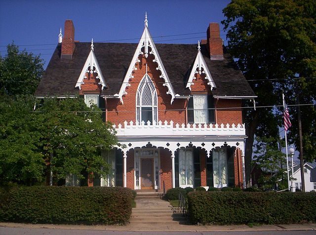 Carpenter Gothic trim on a brick house, Ohio.