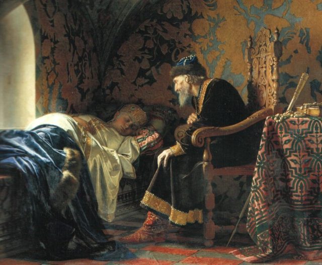 Tsar Ivan IV admires his sixth wife Vasilisa Melentyeva, painting by Grigory Sedov, 1875.