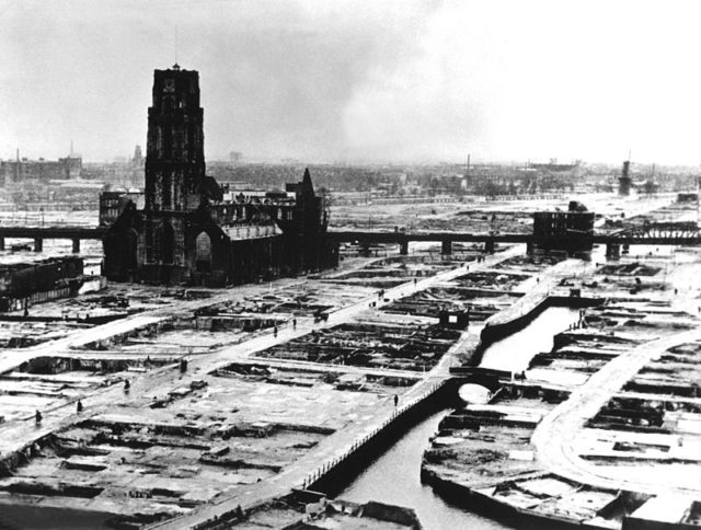 The center of Rotterdam destroyed after the bombing.