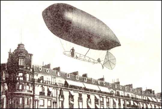 The Brazilian aviation pioneer Santos-Dumont in one of his flights over Paris in his airship model No.9.