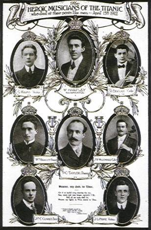 Photographs of Titanic’s musicians published by the Amalgamated Musicians Union after the sinking.