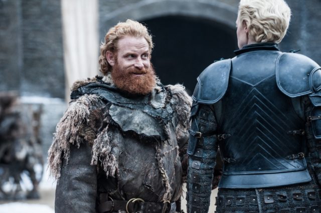 Fan favorites: Kristofer Hivju and Gwendoline Christie in their respective roles of Tormund Giantsbane (one of the wildlings) and female knight Brienne of Tarth. Credit: Helen Sloan/HBO.