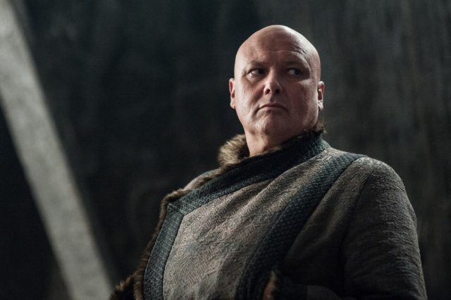 Conleth Hill in his role of Lord Varys, an enigmatic member of the small council and the master of whisperers and disguise. In the beginning of the series, during a meeting of the small council, he states that the Faceless Men are too expensive for them to acquire for the threat of Daenerys Targaryen. Credit: Helen Sloan/HBO