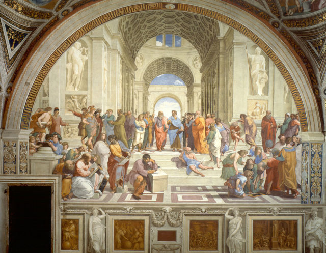 Raphael’s masterpiece “The School of Athens,” painted between 1509 and 1511. It is long regarded as the embodiment of the artistic spirit of the Renaissance.