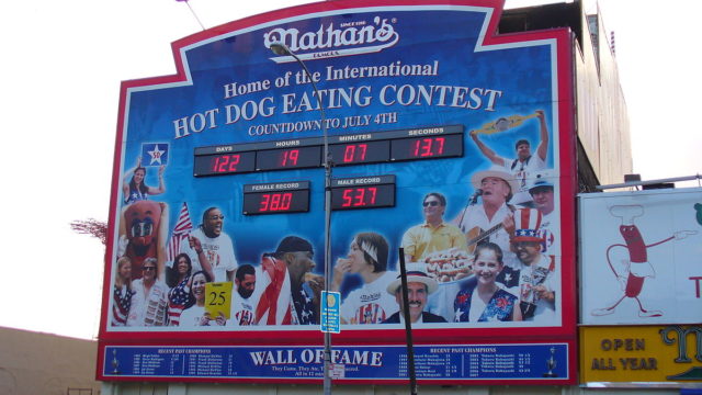 Nathan’s Hot Dog Eating Contest countdown clock, Author: David Shankbone, CC-BY 2.5