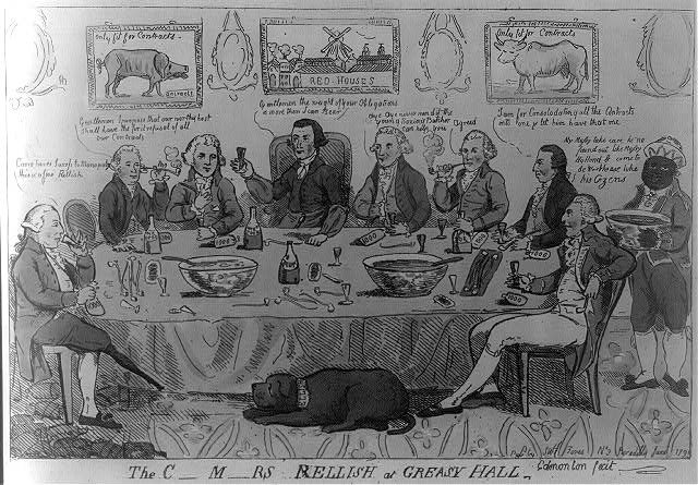 Eight men, evidently Government contractors, sit around a table smoking and drinking. Author Library of Congress
