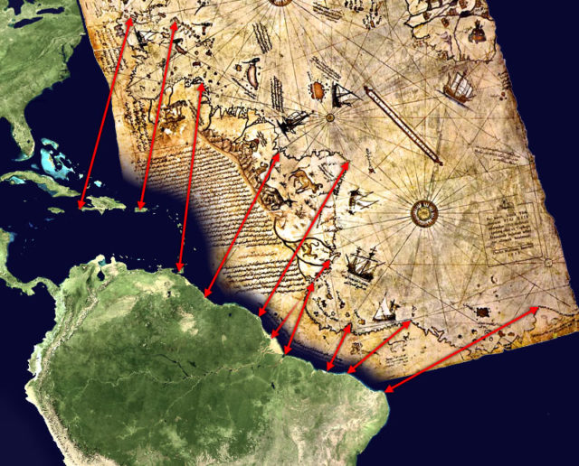 Another hypothesis, less accepted, which attempts to correlate the American outline map of Piri Reis with coastal Venezuela and Brazil.