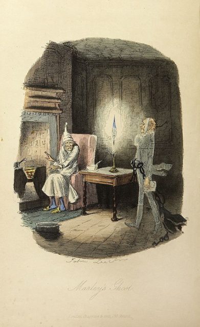 Marley’s ghost, from ‘A Christmas Carol. In Prose. Being a Ghost Story of Christmas’ by Charles Dickens. First edition illustration by John Leech. Published by Chapman & Hall, 1843.