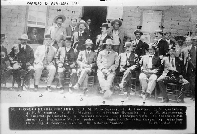 Northern leaders of the revolt against Díaz pose for a photo after the First Battle of Juárez. Present are José María Pino Suárez, Venustiano Carranza, Francisco I. Madero (and his father), Pascual Orozco, Pancho Villa, Gustavo Madero, Raul Madero, Abraham González, and Giuseppe Garibaldi Jr.