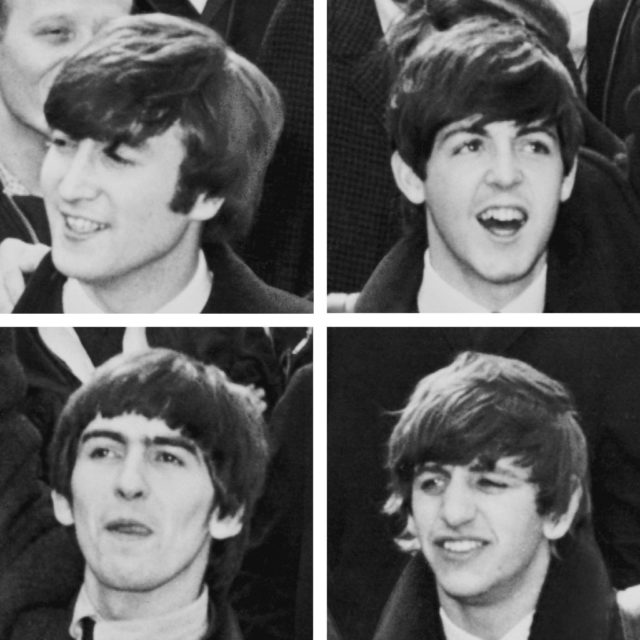 A square quartered into four head shots of young men with mop top haircuts. All four wear white shirts and dark coats.