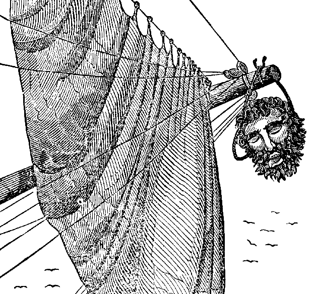 Blackbeard’s severed head hanging from Maynard’s bowsprit.