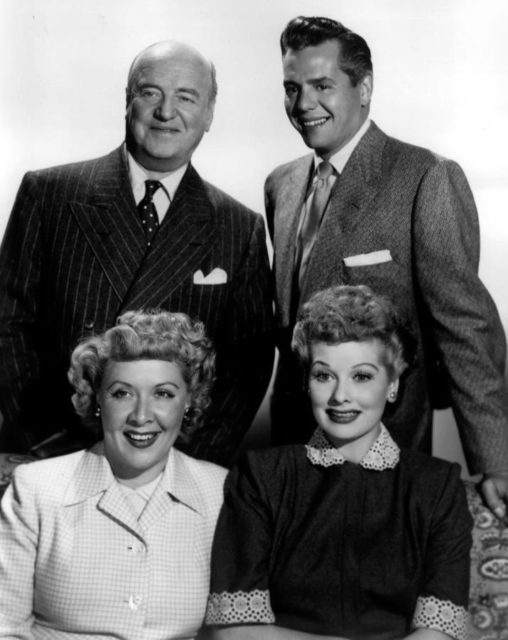 “I Love Lucy” cast members from left, standing: William Frawley, Desi Arnaz, seated: Vivian Vance and Lucille Ball.
