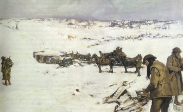 Mametz western front. A winter scene painting by Frank Crozier.