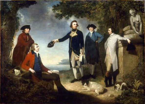 John Hamilton Mortimer (1740-1779) – Oil on canvas (from left: Dr. Daniel Solander, Sir Joseph Banks, Captain James Cook, Dr. John Hawkesworth, and John Montagu, 4th Earl of Sandwich)