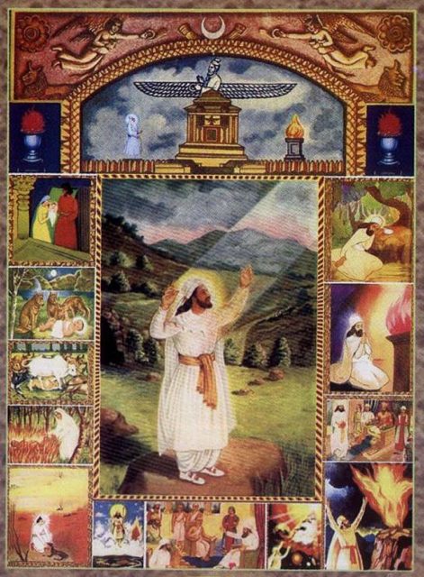 Zoroastrian devotional art depicts the religion’s founder with white clothing and a long beard