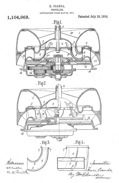 Coandă’s US patent diagram for “Improvement in Propellers”, filed 1911 and granted 1914