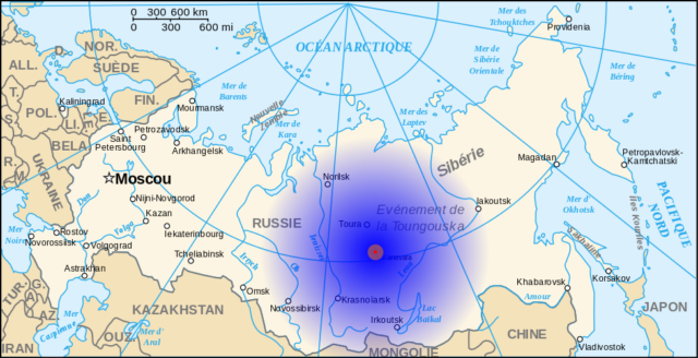 A map outlining the location of the Tunguska event.