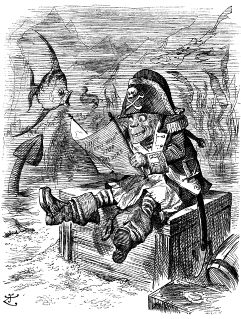 Illustration of Davy Jones sitting at his locker, wearing a pirate captain’s uniform, while viewing a 1789 chart of Ferrol Harbor, Spain, belonging to HMS Howe.