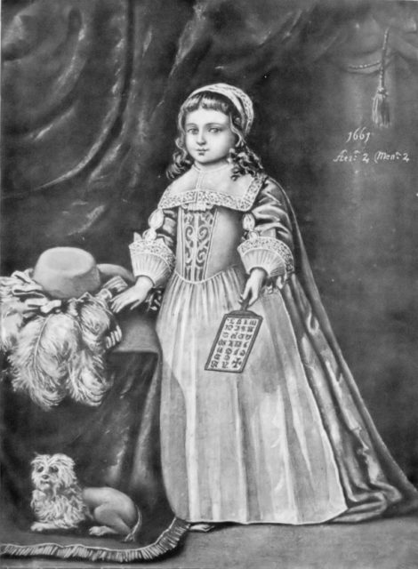 Miss Campion holding a hornbook, 1661. From Tuer’s History of the Horn-Book.