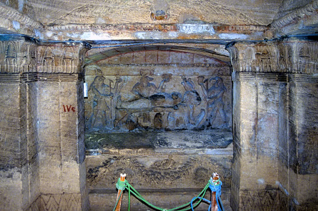 A fascinating mix of different ages with Pharaonic and Roman dedications to the dead. Sarcophagus with bas relief showing Egyptian gods and priests offering sacrifices. Author:Roland Unger CC BY-SA 3.0