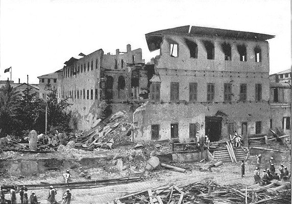 Destroyed palace and other buildings after the attack in the Anglo-Zanzibar War. In Stone Town, Zanzibar City.