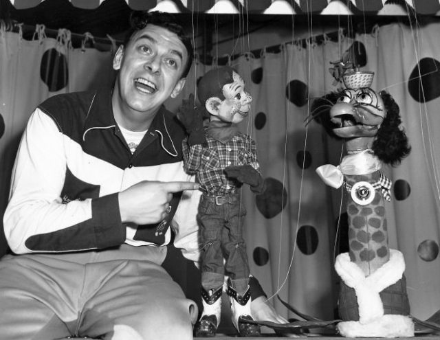 Photo of Buffalo Bob Smith with Howdy Doody and Flub a Dub from the children’s television program.