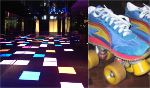 Left: 1970 Disco. Author Yuya Tamai CC by 2.0 Right: Blue disco quad roller skates. Author: ManekiNeko CC BY-SA 3.0