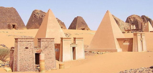 Wide view of Nubian pyramids, Meroe. Three of these pyramids are reconstructed.