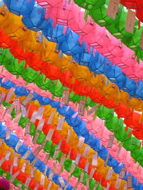 Colored lanterns at the Lotus Lantern Festival in Seoul, South Korea, celebrating the anniversary of the Buddha’s birthday Author: Zoom Zoom CC BY-SA 2.0