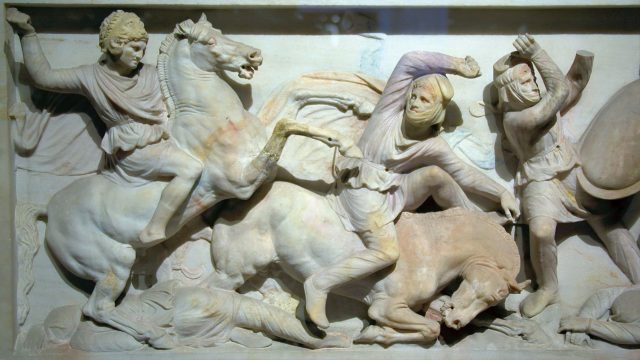 Alexander routs Persians on one of the long sides of the Alexander Sarcophagus Author: Ronald Slabke CC BY-SA 3.0