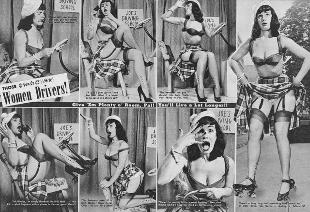 A magazine feature from Beauty Parade from March 1952 stereotyping women drivers. It features Bettie Page as the model.