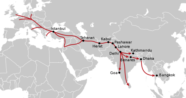 Routes of the Hippie Trail. Author: NordNordWest. CC BY-SA 3.0 de