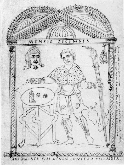 Drawing from the Calendar of Philocalus depicting the month of December, with Saturnalian dice on the table and a mask (oscilla) hanging above.