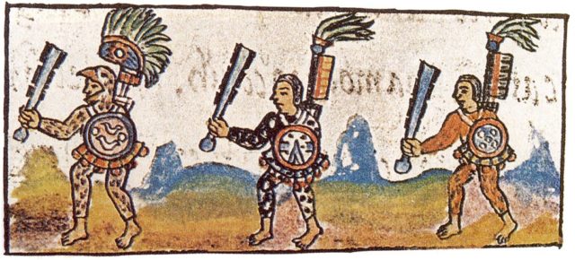 Aztec warriors as shown in the 16th century Florentine Codex (Vol. IX). Each warrior is brandishing a maquahuitl.
