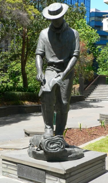 Statue of John Batman at former National Mutual Plaza off Collins Street in Melbourne unveiled 26 January 1979