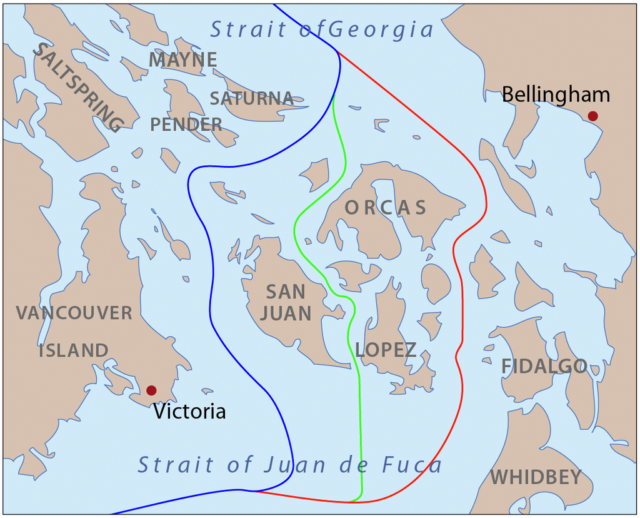 This is a map of the proposed boundaries between the United States and Canada around the San Juan Islands. Author: Pfly CC BY-SA 3.0