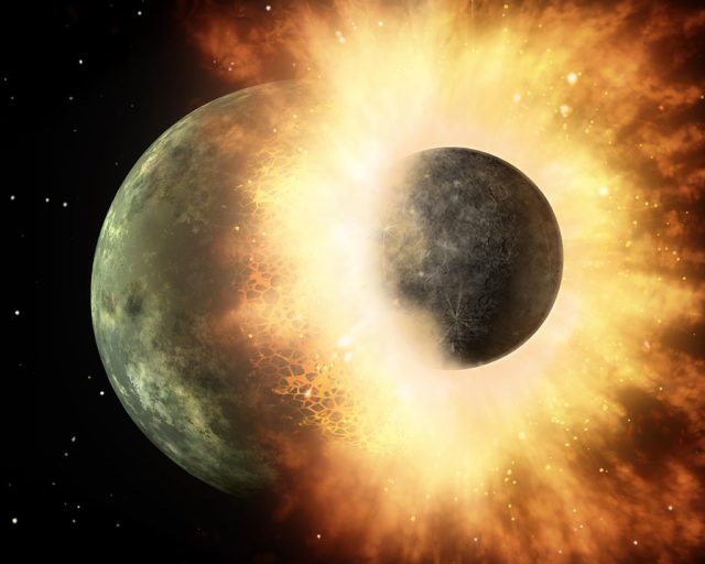 Artist’s depiction of a collision between two planetary bodies. Such an impact between Earth and a Mars-sized object likely formed the Moon.