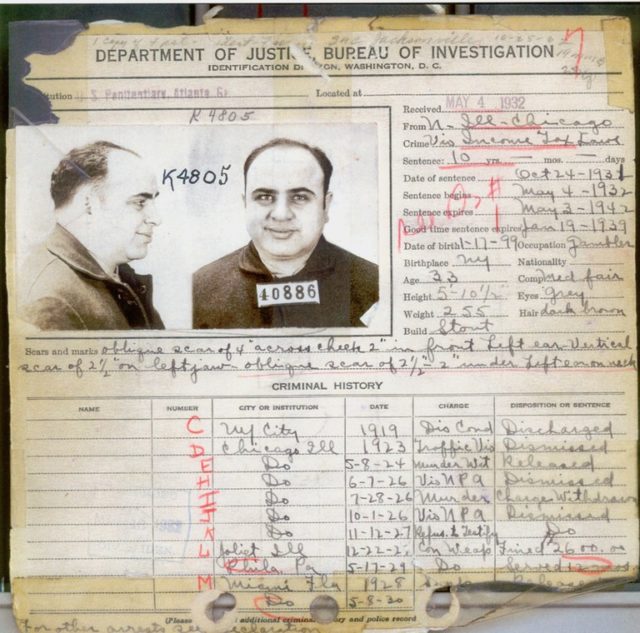 Capone’s FBI criminal record in 1932, showing most of his criminal charges were discharged/dismissed